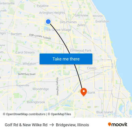 Golf Rd & New Wilke Rd to Bridgeview, Illinois map