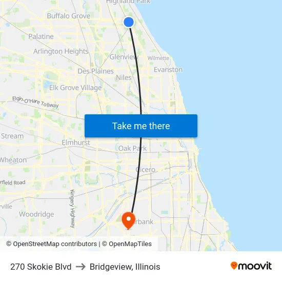 270 Skokie Blvd to Bridgeview, Illinois map