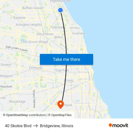 40 Skokie Blvd to Bridgeview, Illinois map