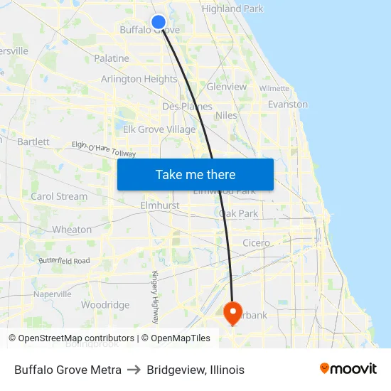 Buffalo Grove Metra to Bridgeview, Illinois map