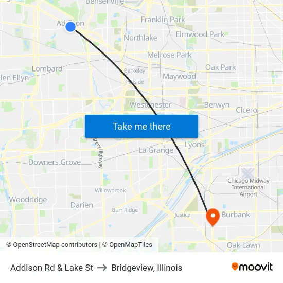 Addison Rd & Lake St to Bridgeview, Illinois map