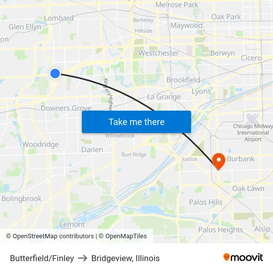 Butterfield/Finley to Bridgeview, Illinois map