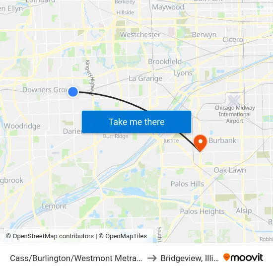 Cass/Burlington/Westmont Metra Station to Bridgeview, Illinois map