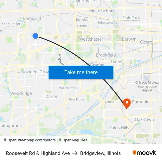 Roosevelt Rd & Highland Ave to Bridgeview, Illinois map