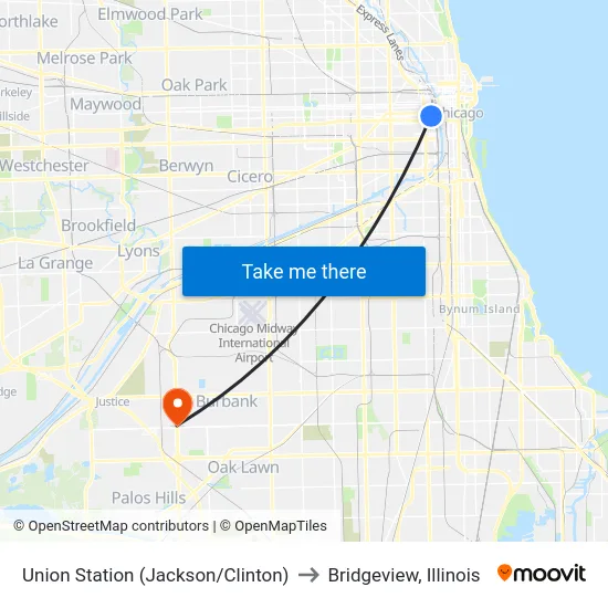 Union Station (Jackson/Clinton) to Bridgeview, Illinois map