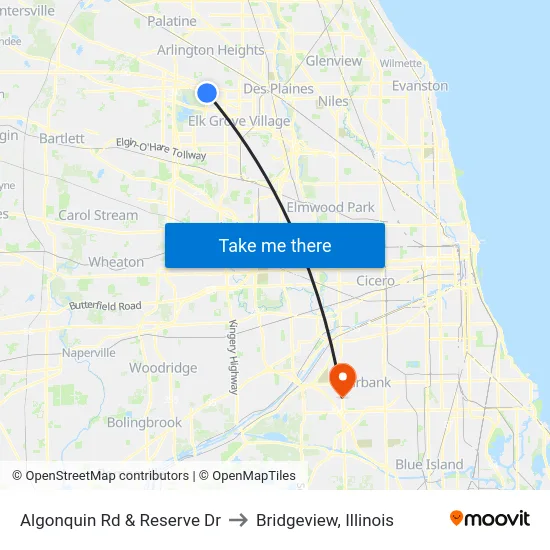 Algonquin Rd & Reserve Dr to Bridgeview, Illinois map
