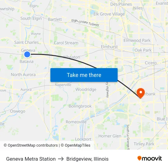 Geneva Metra Station to Bridgeview, Illinois map