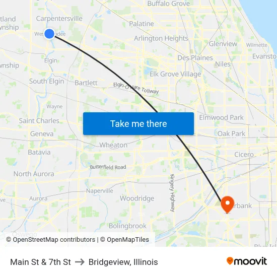 Main St & 7th St to Bridgeview, Illinois map
