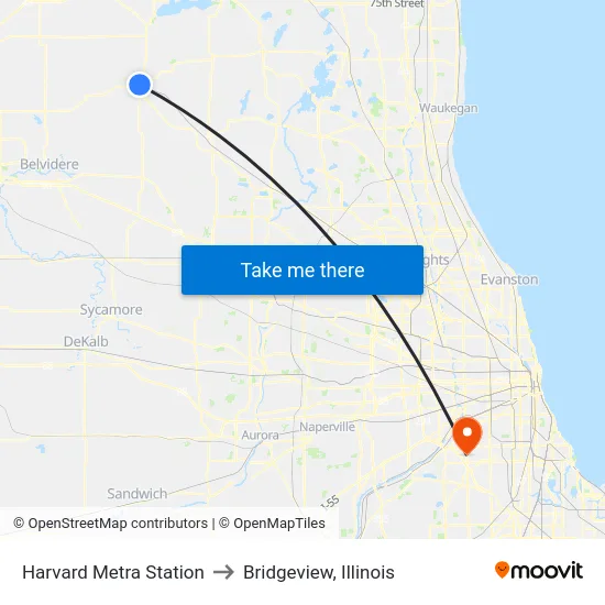 Harvard Metra Station to Bridgeview, Illinois map