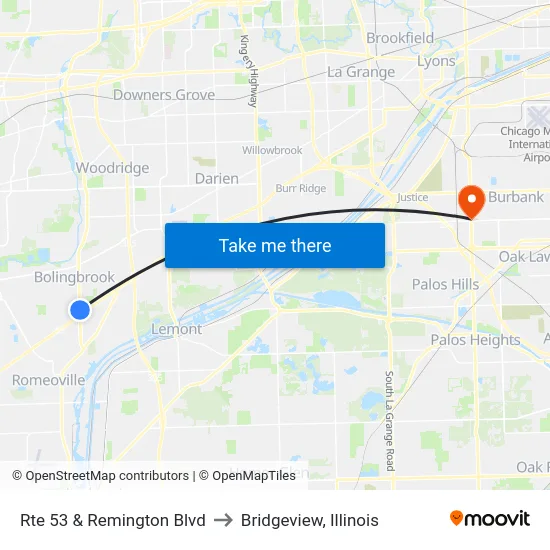 Rte 53 & Remington Blvd to Bridgeview, Illinois map