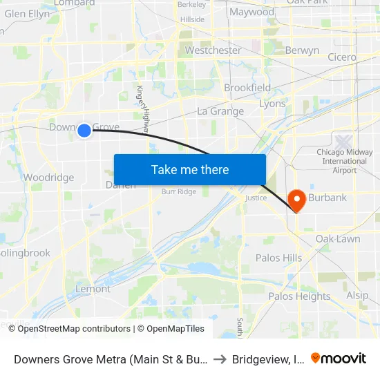 Downers Grove Metra (Main St & Burlington Ave) to Bridgeview, Illinois map