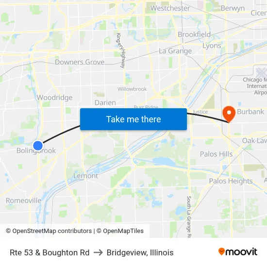 Rte 53 & Boughton Rd to Bridgeview, Illinois map