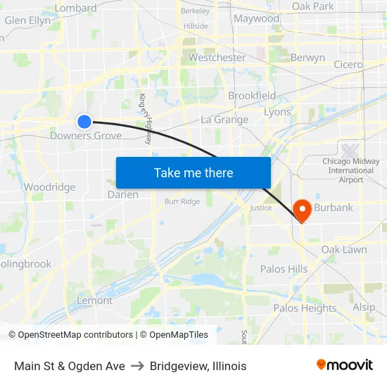 Main St & Ogden Ave to Bridgeview, Illinois map