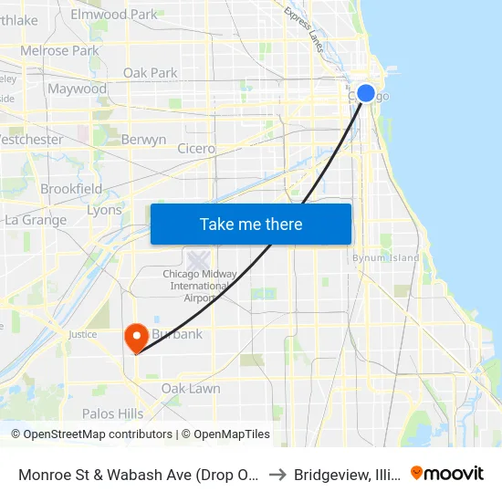 Monroe St & Wabash Ave (Drop Off Only) to Bridgeview, Illinois map