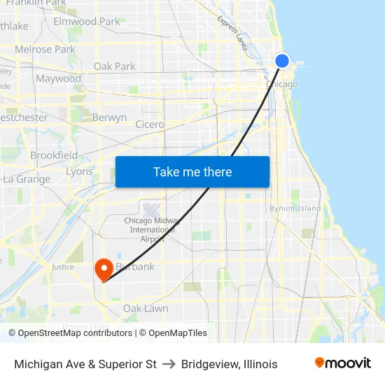 Michigan Ave & Superior St to Bridgeview, Illinois map