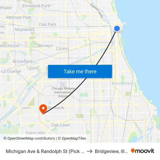 Michigan Ave & Randolph St (Pick Up Only) to Bridgeview, Illinois map
