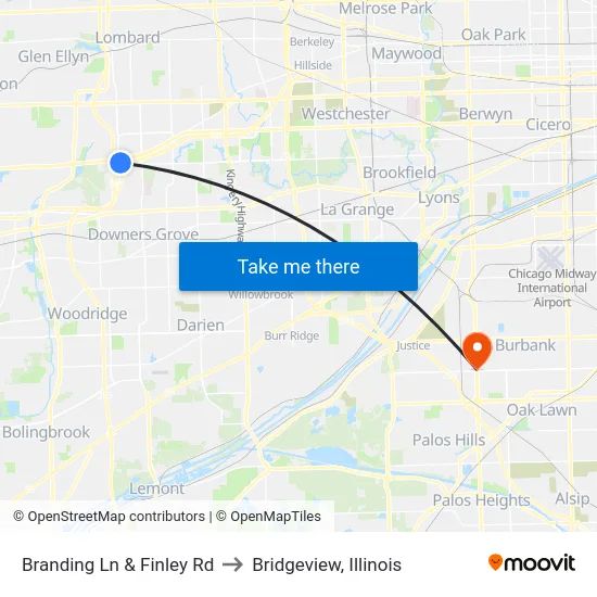 Branding Ln & Finley Rd to Bridgeview, Illinois map