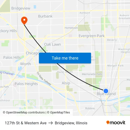 127th St & Western Ave to Bridgeview, Illinois map