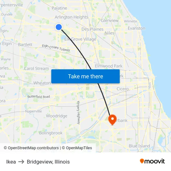Ikea to Bridgeview, Illinois map