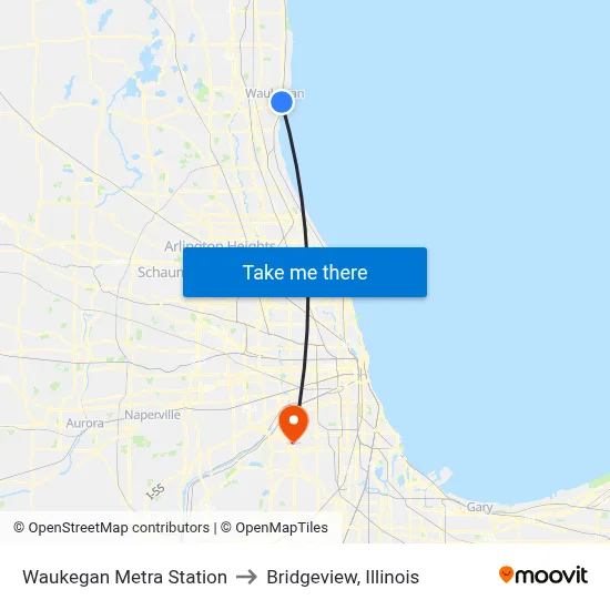 Waukegan Metra Station to Bridgeview, Illinois map