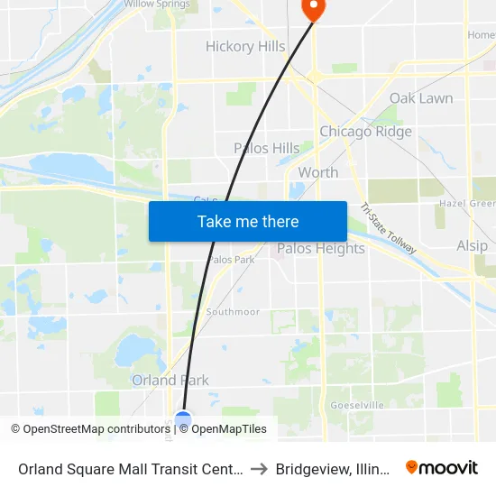 Orland Square Mall Transit Center to Bridgeview, Illinois map