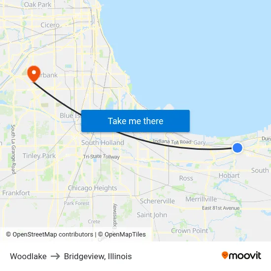 Woodlake to Bridgeview, Illinois map