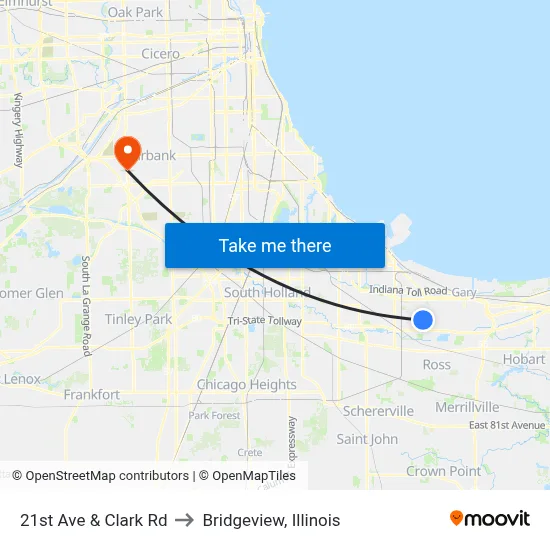 21st Ave & Clark Rd to Bridgeview, Illinois map