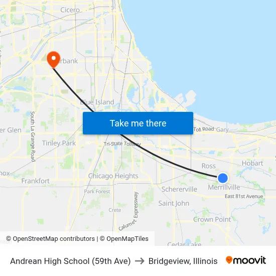Andrean High School (59th Ave) to Bridgeview, Illinois map
