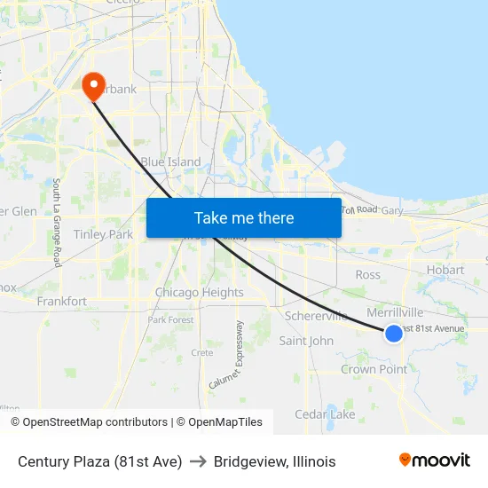 Century Plaza (81st Ave) to Bridgeview, Illinois map