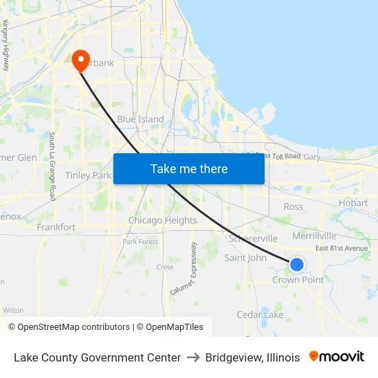 Lake County Government Center to Bridgeview, Illinois map