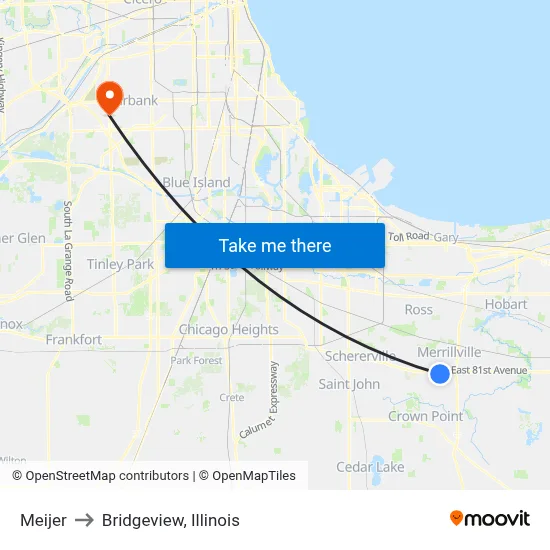 Meijer to Bridgeview, Illinois map