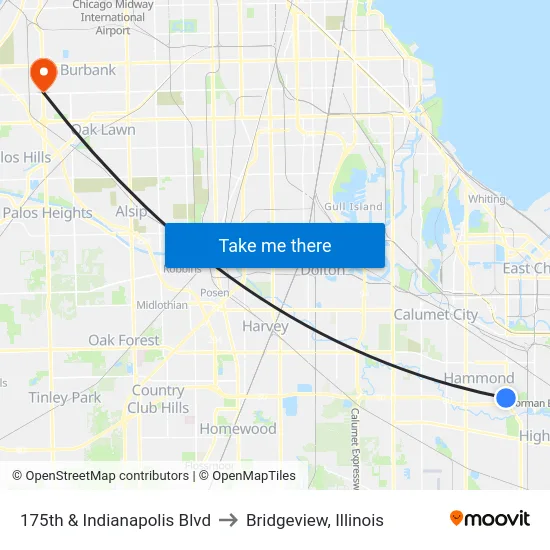 175th & Indianapolis Blvd to Bridgeview, Illinois map