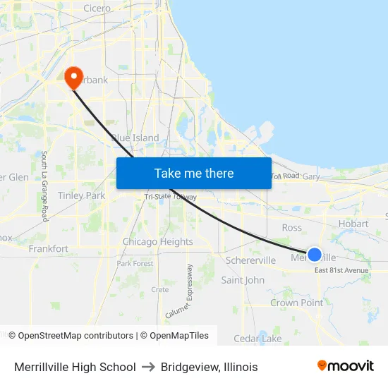 Merrillville High School to Bridgeview, Illinois map