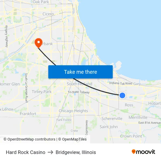 Hard Rock Casino to Bridgeview, Illinois map