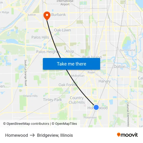 Homewood to Bridgeview, Illinois map