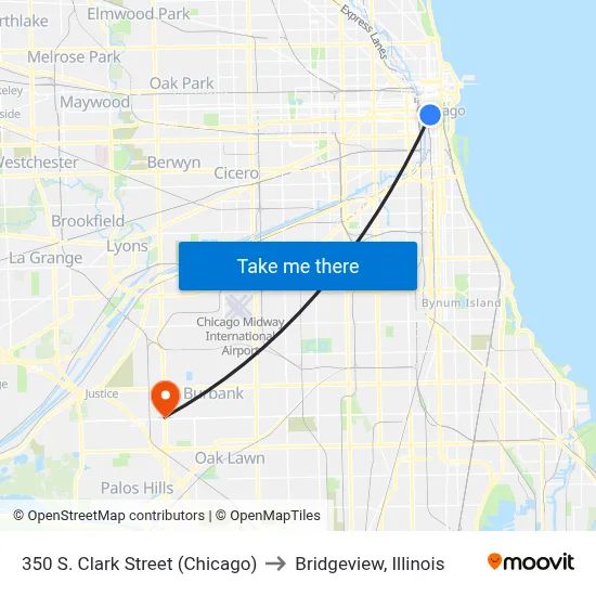 350 S. Clark Street (Chicago) to Bridgeview, Illinois map
