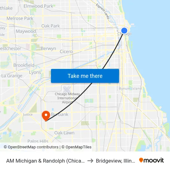 AM Michigan & Randolph (Chicago) to Bridgeview, Illinois map