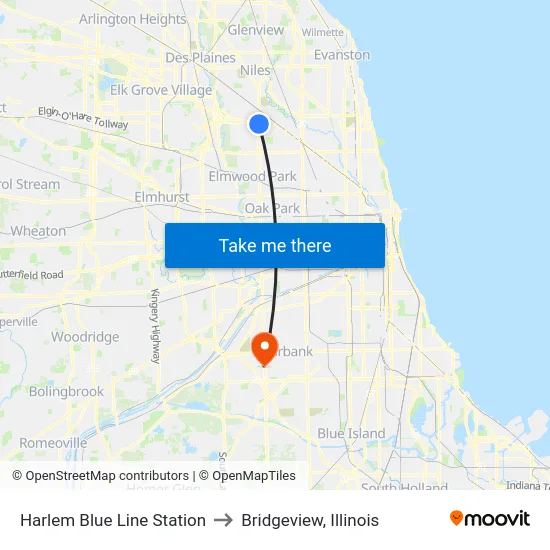 Harlem Blue Line Station to Bridgeview, Illinois map