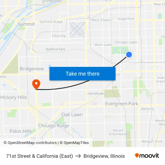 71st Street & California (East) to Bridgeview, Illinois map