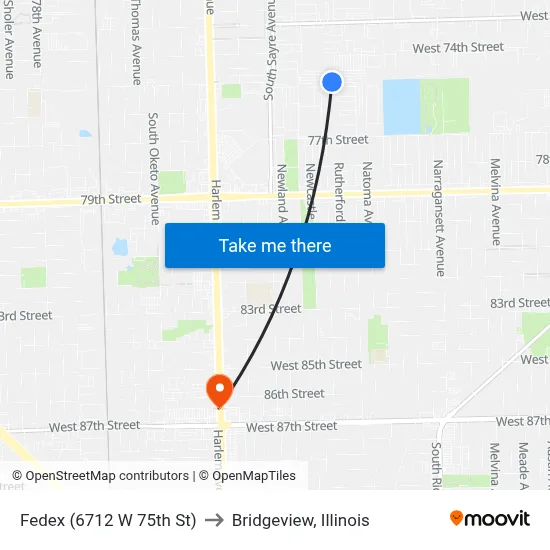 Fedex (6712 W 75th St) to Bridgeview, Illinois map