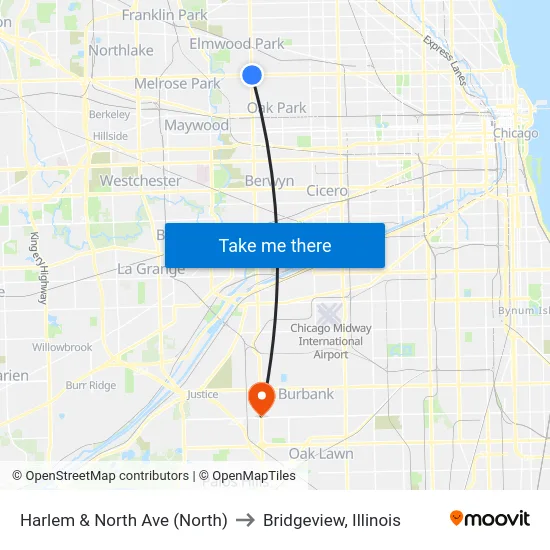 Harlem & North Ave (North) to Bridgeview, Illinois map