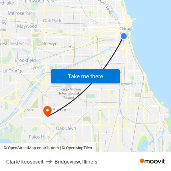Clark/Roosevelt to Bridgeview, Illinois map