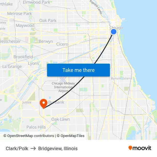 Clark/Polk to Bridgeview, Illinois map