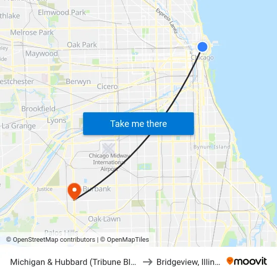 Michigan & Hubbard (Tribune Bldg.) to Bridgeview, Illinois map