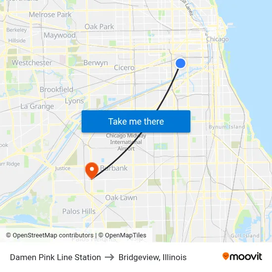Damen Pink Line Station to Bridgeview, Illinois map