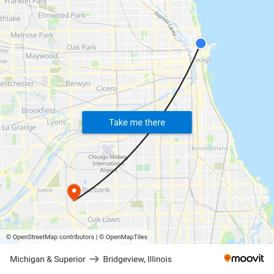 Michigan & Superior to Bridgeview, Illinois map