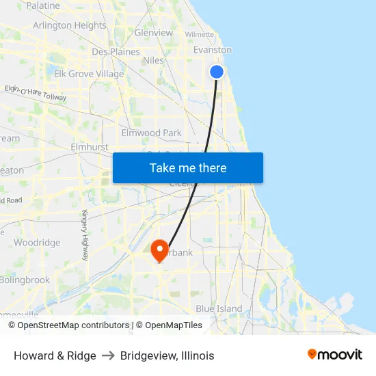 Howard & Ridge to Bridgeview, Illinois map