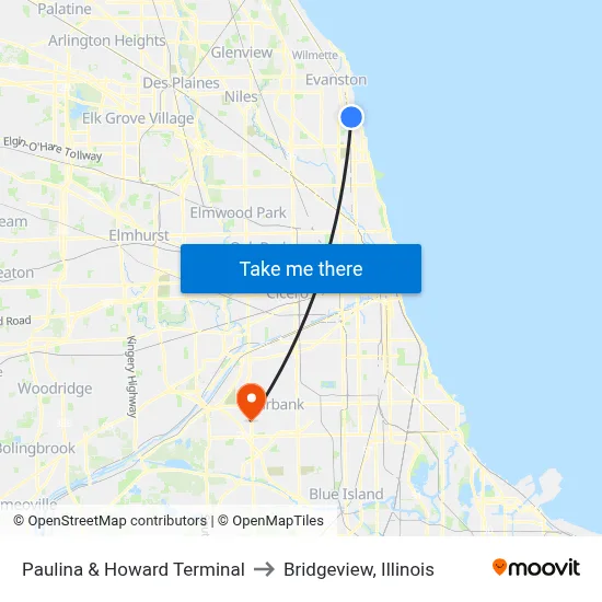 Paulina & Howard Terminal to Bridgeview, Illinois map