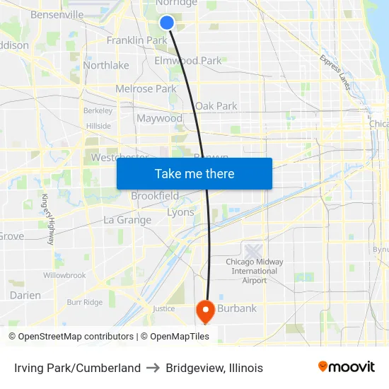 Irving Park/Cumberland to Bridgeview, Illinois map