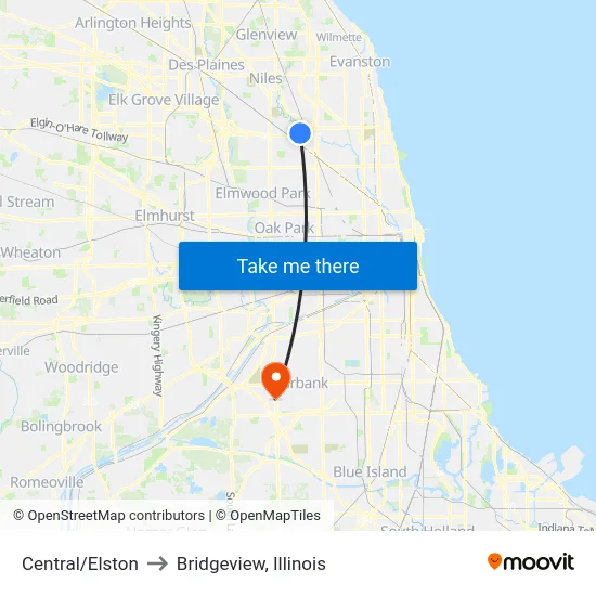 Central/Elston to Bridgeview, Illinois map
